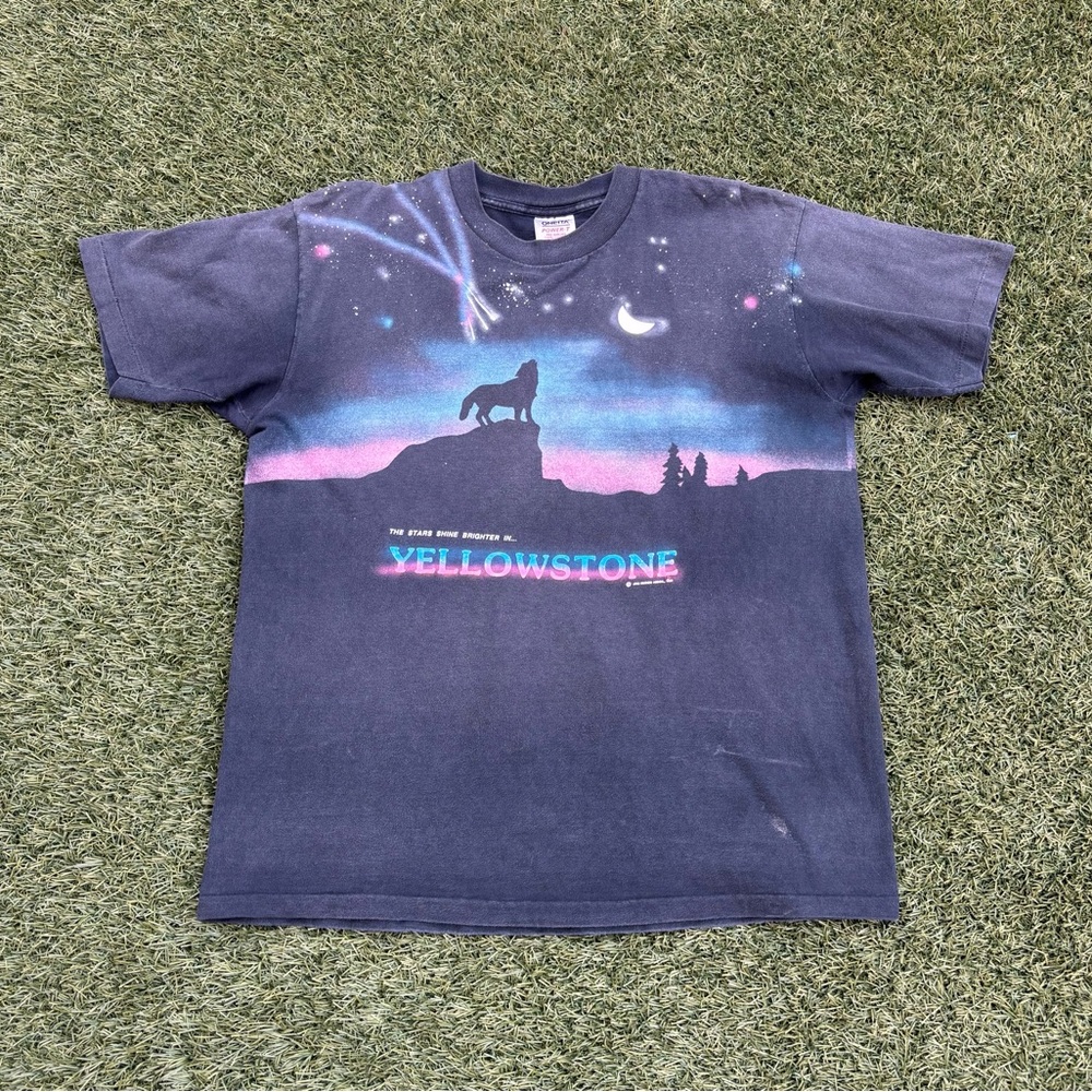 Men's Graphic Tee with Wolf and Yellowstone Night Sky